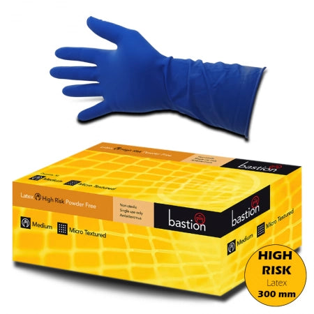 45pcs Long Cuff Bastion High-Risk Heavy Duty Blue Latex Gloves Powder Free 300mm (3X Thicker than standard Latex)