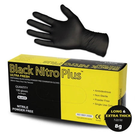 100pcs Nitrile Gloves Powder Free Nitro Plus Industrial 8g Black Long Cuff
