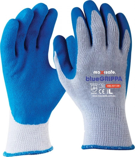 Maxisafe Blue Grippa Glove - Knitted Poly Cotton, Blue Latex Dipped Palm