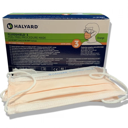 HALYARD FLUIDSHIELD* Level 3 Fog-Free Procedure Mask with SO SOFT* Ear Loops, Orange (40 Masks/Box)