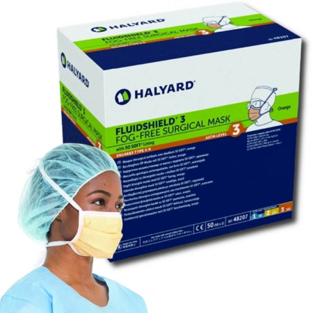 HALYARD FLUIDSHIELD* Level 3 Fog-Free Surgical Mask, Pleat-Style with Ties, Orange (50 Masks/Box)