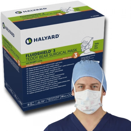 HALYARD FLUIDSHIELD* Level 3 Care Bear Surgical Mask, Pleat-Style with Ties, Pink and Blue Teddy ...