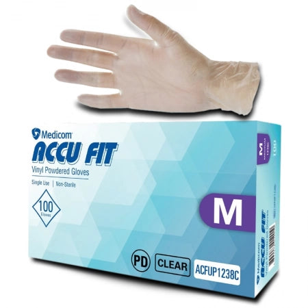 100pcs Medicom Accu Fit Vinyl Gloves, 4.0g, Powdered, Clear