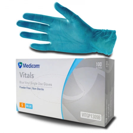 100pcs Medicom Vitals Vinyl Gloves, 4.5g, Powder-Free, Blue