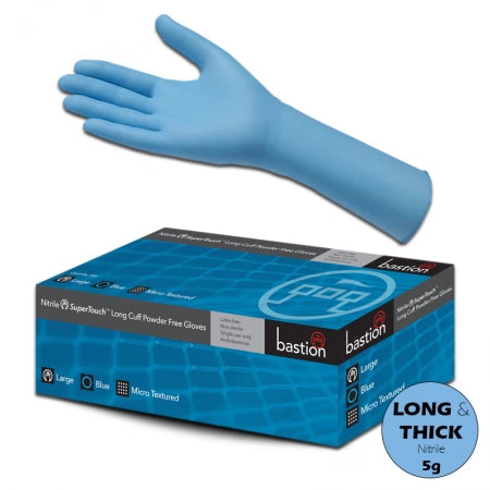 100pcs Bastion Nitrile Gloves Powder Free Long Cuff Blue Disposable Thick 5gm