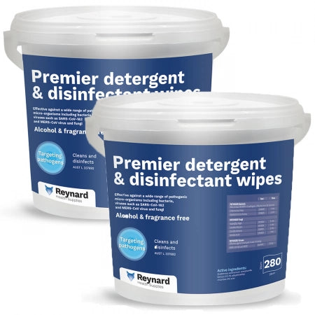 2 Tubs Reynard Health Premier Detergent and Disinfectant Wipes (280 Wipes/Tub) 30gsm