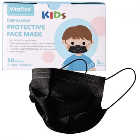 Virafree 3 Ply Disposable Black Protective Kids Face Mask TGA Approved 50 Pack