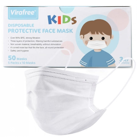 Virafree 3Ply Disposable White Protective Kids Face Mask TGA Approved 50 Pack