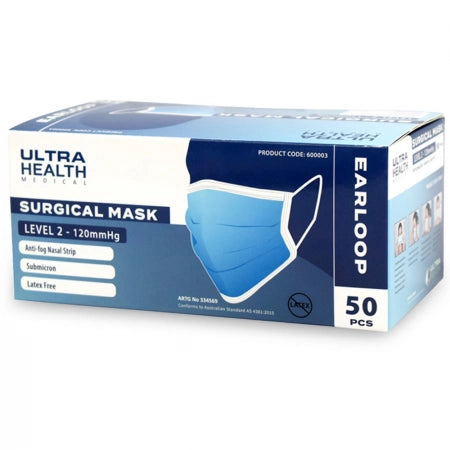 Ultra Health 3ply Surgical Face Masks Level 2 Ear Loops 50PK TGA Approved